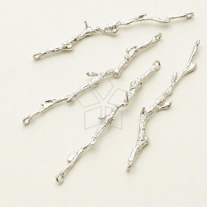 PD-909-MS / 2 Pcs - Dried Twig Stick Sideways Pendant, Sprig Connector, Matte Silver Plated over Brass / 39mm