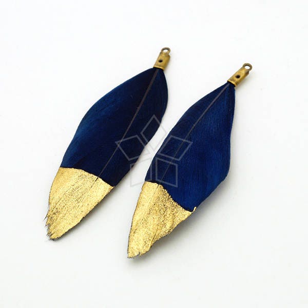 FT-049-DB / 2 pcs - Duck Feather Pendant, Handmade Dark Blue Dyed Feather Half Dipped in Gold, Natural Bohemian Plume Pendant / 50mm