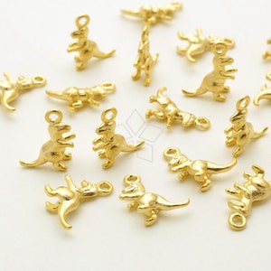 PD-3004-MG / 2 Pcs - Mini Tyrannosaurus Dinosaur Pendant, T.rex Dino Charms, Matte Gold Plated over Brass / 10mm x 11mm