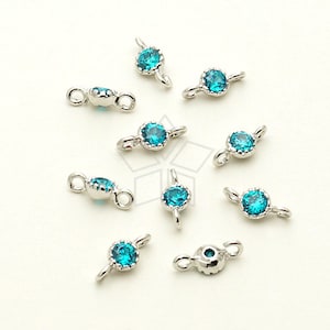 PD-755-OR / 4 Pcs - Very Tiny Round CZ Connector (Aqua Blue), Silver Plated over Brass / 3.2mm x 7.3mm