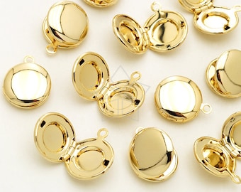 PD-2642-GD / 2 Pcs - Plain Round Locket Pendant, Picture Locket Charm Pendant, Keepsake Pendant, Gold Plated over Brass / 13mm