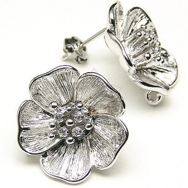 SI-060-OR / 2 Stück - Große Blumen Ohrringe, Schmuck Blumen Ohrringe, versilbert über Messing, 925 Sterling Silber Post / 18mm