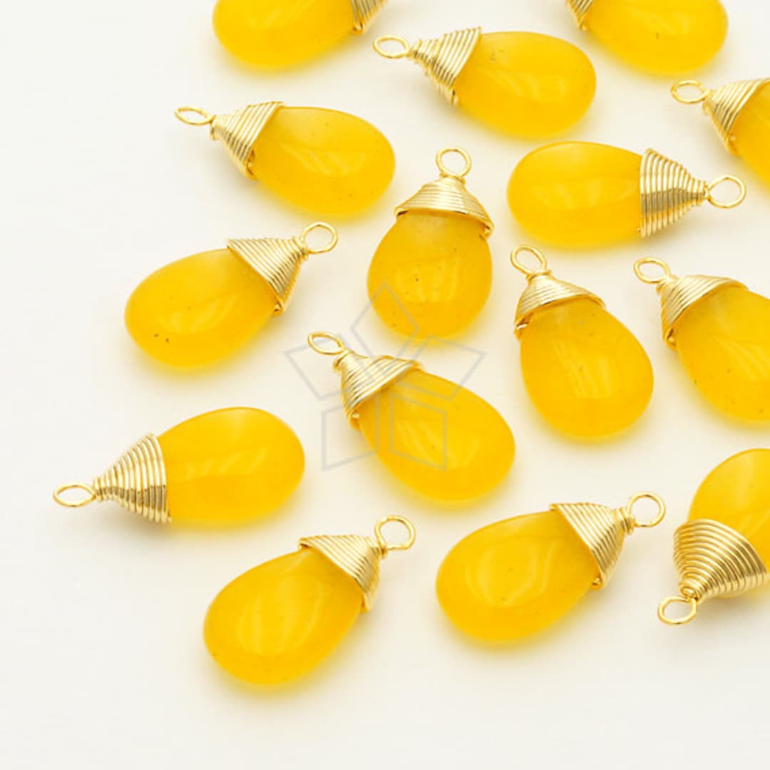 GS-117-GD / 2 Pcs - Cute Jade Wire Wrapped Smooth Drop (yellow