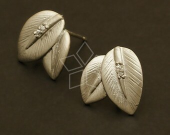 SI-413-MS / 2 Pcs - Double Leaves Earrings, Flower Ear Posts, Matte Silver Plated, 925 Sterling Silver Post / 13mm x 13mm