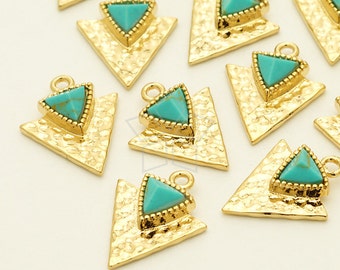 PD-1221-GD / 2 Pcs - Gemstone Tri-Force Pendant, Turquoise Gemstone with 16k Gold Plated over Brassl / 11mm x 14mm