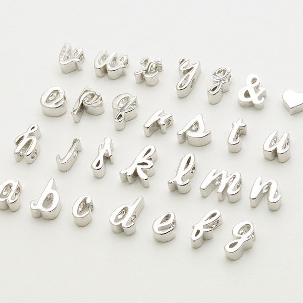 IN-828-OR / 2 Pcs - Cursive Initial Charms, Personalized Alphabet Letter Bead Pendant, Choose Letter, Rhodium Silver Plated Brass