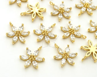 PD-3097-GD / 2 Pcs - Cubic Zirconia Set Six Petal Flower Pendant, Clear White CZ Flower Charm, Gold Plated Brass Bezel / 11mm