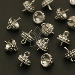 CP-038-OR / 4 Pcs - Round Box Bead Cap with Peg for Half-Drilled Pearl Drop, Silver Plated over Brass / 5.5mm