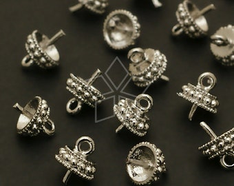 CP-038-OR / 4 Pcs - Round Box Bead Cap with Peg for Half-Drilled Pearl Drop, Silver Plated over Brass / 5.5mm