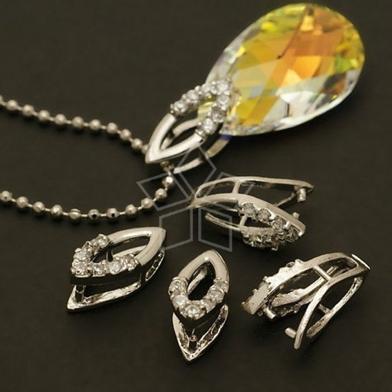 PS-041-OR / 2 Pcs - Bail (CZ Marquis) for Necklace, Gemstone Bail Findings, Silver Plated over Brass / 6mm x 14mm