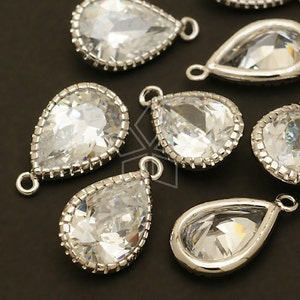 ZC-061-OR / 2 Pcs - Vintage Cubic Zirconia Pear Drop (M-size), Clear CZ Teardrop Charm, Rhodium Silver Plated Bezel / 9x16mm