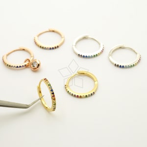 SV-404-OP / 2 Pcs - Rainbow CZ Hoop Earrings, Multicolor Cubic Zirconia Huggie Hoops, Earring Findings, Choose Color! / 14.6mm
