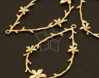 PD-226-MG / 2 Pcs - Branch and Blossoms Pendant, Sprig Drop Charm, Matte Gold Plated over Brass /  23mm x 38mm