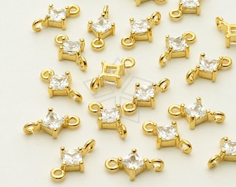 AC-094-GD / 2 Pcs - Tiny Diamond Shape CZ Connector, Two Loops Small Earrings Charms, Gold Plated over Brass / 5x9.7mm