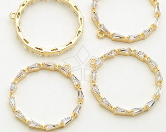 PD-2628-GD / 2 piezas - Colgante circular con ajuste de circonio cúbico prisma, colgante redondo abierto CZ transparente, ajuste de latón chapado en oro / 23 mm