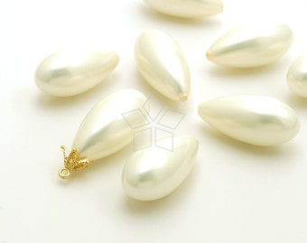 PL-024-SP / 2 Pcs - Smotth Briolette Tear Drop Shell Pearls, Cream White 20mm Half-drilled Drops for Wedding Jewelry Bridal / 20mm