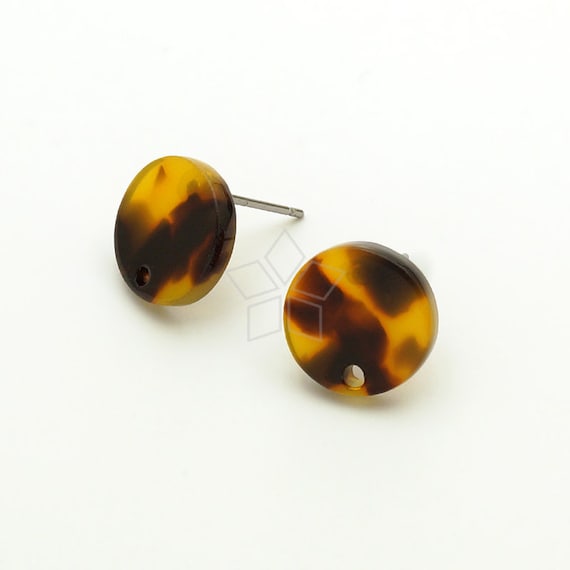 AR-045-CE / 2 Pcs - High Quality Celluloid Acetate Leopard Pattern Ear Posts, Leopard Print Round Stud Earrings, Surgical Steel Post / 12mm