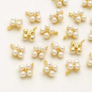 PD-2511-GD / 2 Pcs - Tiny Pearl Beads Mini Cross Charms, White Pearl Beads Clover Pendant, Gold Plated over Brass / 6mm