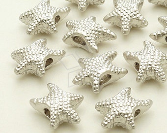 ME-200-MS / 2 Pcs - Chubby Starfish Metalic Bead Pendant, Matte Silver Plated over Pewter / 11x13mm