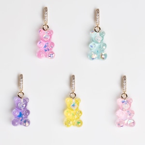 PD-1806-OP / 1 Pcs - Aurora Borealis Color Teddy Bear Pendant with Necklace Bail, Gummy Bear Acrylic 3D Assorted Colored Charms / 11x17mm