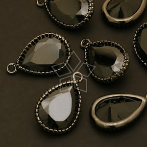 ZC-078-BL / 2 Pcs - Vintage Cubic (Jet Black) Zirconia Pear Drop (L-size), with Black Frame / 13mm x 20mm