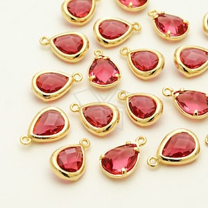 PD-879-GD / 2 Pcs - Cute Mini Glass Stone Drop Pendant (Ruby), 16K Gold Plated over Brass / 7mm x 11mm