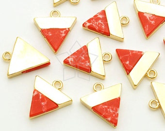 PD-1715-GD / 2 Pcs - Gemstone Metal Mix Pendant, Red Marble Inverted Triangle Charm, Gold Plated over Brass / 12mm x 13mm