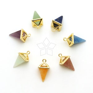 May include: Seven gold-toned pyramid-shaped pendants with different coloured gemstones inside. The gemstones are amethyst, green aventurine, lapis lazuli, rose quartz, clear quartz, and orange calcite.