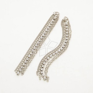 PD-2609-OR / 2 Pcs - Long Mix Chain and Crystal Stone Chain Pendant, Five Chains Long Pendant, Silver Plated over Brass / 75mm