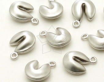 PD-023-MS / 2 Pcs - Fortune Cookie Charm, Lucky Jewelry Pendant, Matte Silver Plated over Brass / 9mm x 11mm