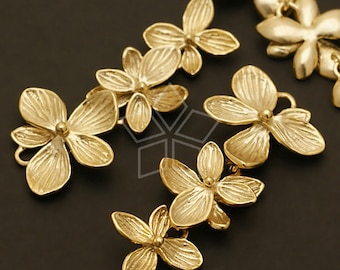 AC-388-MG / 2 Pcs - NEW Dangling Triple Azalea Connector, Three Flowers Pendant, Matte Gold Plated over Brass / 17mm x 40mm