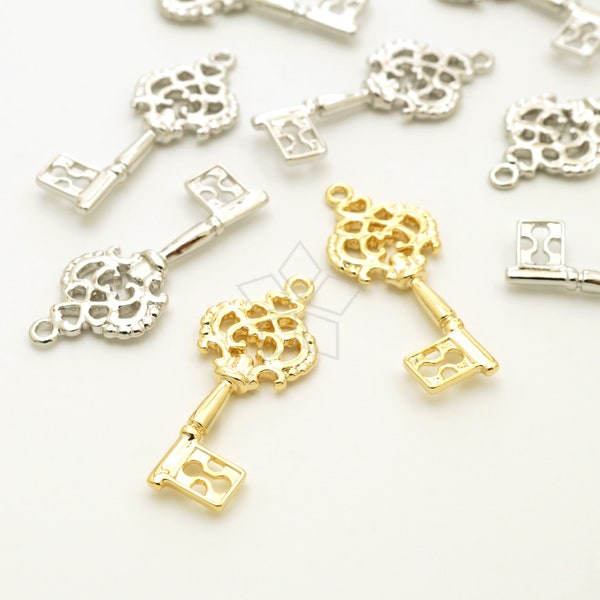 PD-2057-OP / 2 Pcs - Antique Style Glossy Key Charms, Simple Key Pendant, Old Style Key Pendant, Choose Color! / 11mm x 27mm