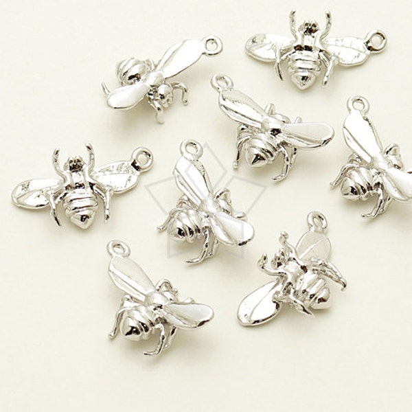 PD-1010-OR / 2 Pcs - Tiny Honey Bee Charm Pendant, Insect Bug Charm, Silver Plated over Brass / 11mm x 16mm