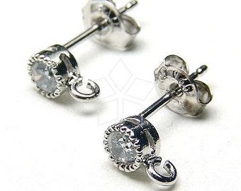 SI-066-OR / 4 Pcs - Einzelner Zirkonia Stein Ohrring Zubehör, Rhodium Silber Einfassung 3mm CZ Ohrstifte, 925 Sterling Silber Stift / 3mm