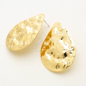 SI-998-GD / 2 piezas - Pendientes de pernos de gota martillada delgada, grandes postes planos de lágrima, chapados en oro, poste de plata esterlina 925 / 22 mm x 30 mm