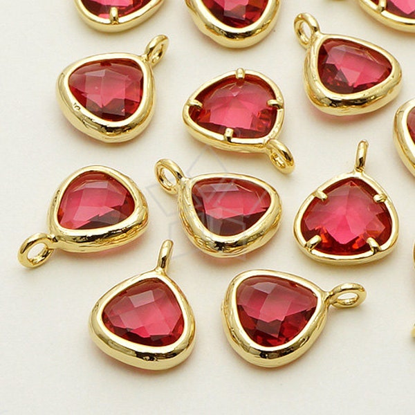 PD-659-GD / 2 Pcs - Cute Glass Stone Fancy Pendant for Necklace, Ruby Glass Gemstone Bezel Teardrop Charm, Gold Framed / 8x11mm