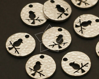 PD-464-MS / 2 Pcs - Mini Hammered Disc Pendant (Bird), Bird on The Branch Charm, Matte Silver Plated over Brass / 11mm