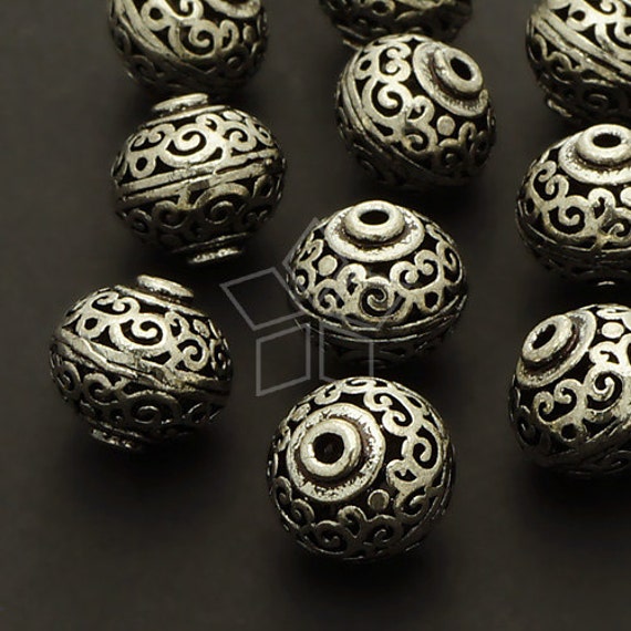 ME-138-AS / 2 Pcs - Hollow Carved Beads (Persian Pot), Vintage Bead Centerpiece, Antique Silver Plated over Brass / 12mm