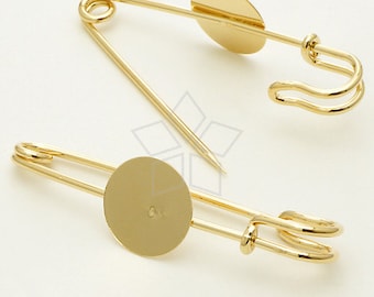 PN-004-GD / 2 Pcs - Brooch Pin Backs Findings with Round Pad, 16K Gold Plated over Brass / 70mm