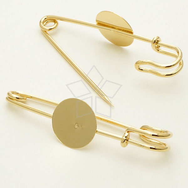 PN-004-GD / 4 Pcs - Brooch Pin Backs Findings with Round Pad, 16K Gold Plated over Brass / 70mm