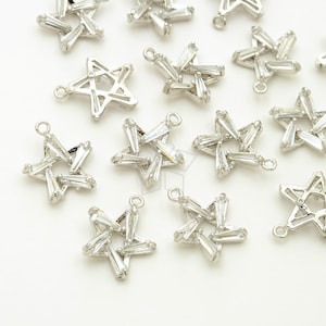 PD-3108-OR / 2 Pcs - Faceted Cubic Zirconia Set Star Pendant, Clear White CZ Open Star Charm, Silver Plated Brass Bezel / 11.8mm x 13mm