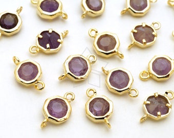 PD-2704-GD / 2 Pcs - Tiny Faceted Round Gemstone Connector, Amethyst Octagonal Bezel Charm, Gold Plated Brass Bezel / 6mm x 10mm