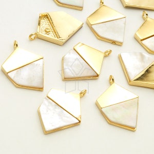 May include: A group of gold and white geometric pendants with a diamond shape. The pendants have a gold metal frame and a white shell center.