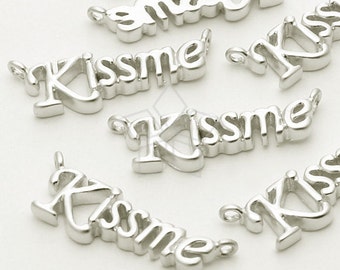 PD-712-MS / 2 Pcs - Kiss Me Script Pendant, Two Loops Love Word Necklace Pendant, Matte Silver Plated over Brass / 19mm x 7mm