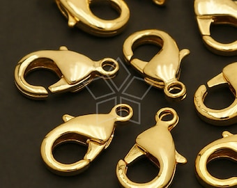 CS-018-GD / 10 Pcs - Solid Brass Lobster Clasp (M-Size), DIY Jewelry Making Findings, Gold Plated over Brass / 15mm x 9mm