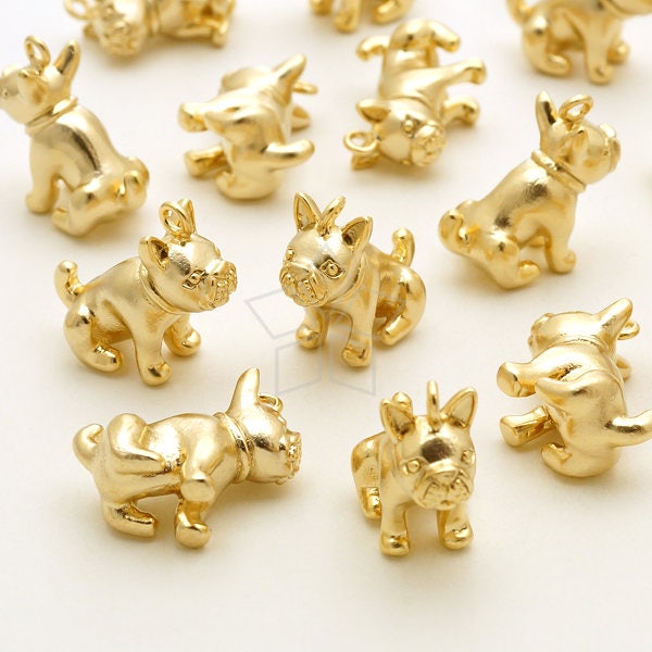 PD-2479-MG / 2 Pcs - French Bulldog Pendant, Dog Charms, Puppy Pet Lover Pendant, Matte Gold Plated over Brass / 16mm x 15mm