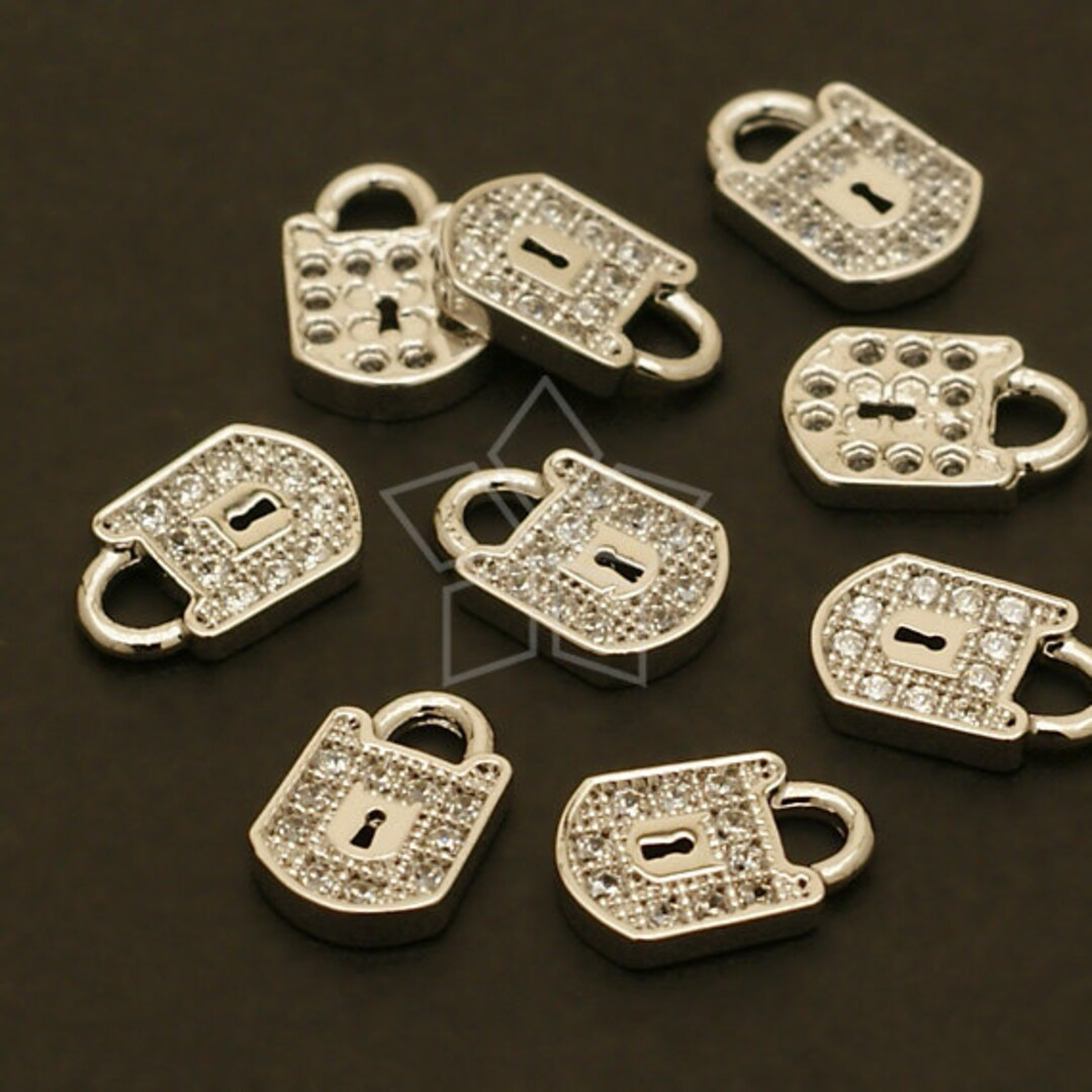 Mini Lock Charm PD-382-OR / 1 Pc - Mini Stone Lock Charms, Key Charm Pendant, Silver ...