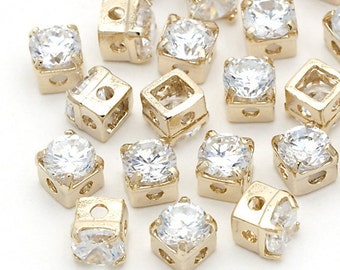 RD-004-GD / 10 Pcs - Square Cubic Zirconia Stone Beads, 16K Gold Plated over Brass / 4mm x 4mm