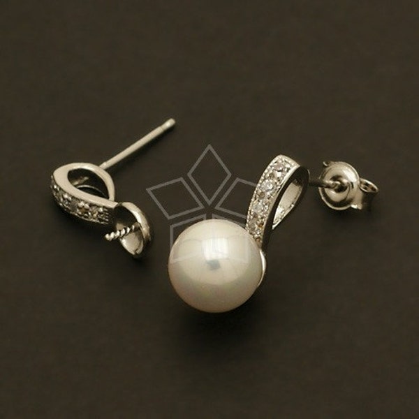 SI-446-OR / 2 Pcs - Single Link Pearl Cup Post Earrings for Half-Drilled Pearl, Silver Plated, 925 Sterling Silver Post / 14mm