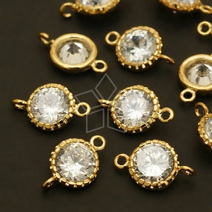AC-438-GD / 4 Pcs - Vintage Round CZ Connector, Two Loop Cubic Round Pendant, Gold Plated over Brass / 8mm x 12mm
